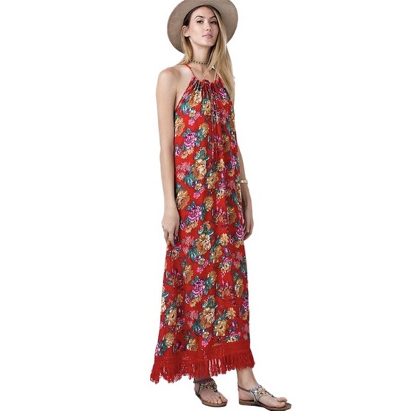 easel Dresses & Skirts - Easel boho floral print fringe maxi dress